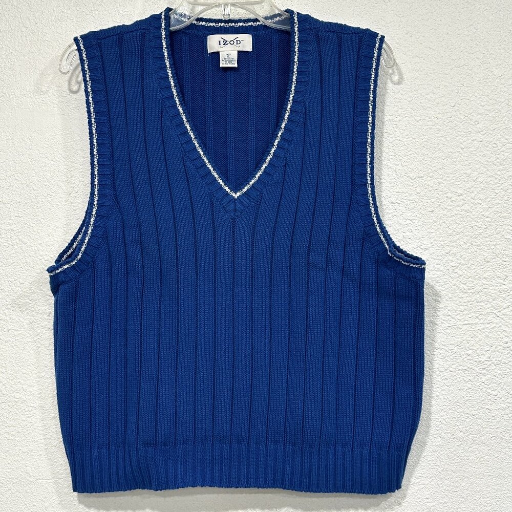 Izod Women's Golf Sweater Vest Royal Blue V-Neck Cotton Cable Knit EUC Size XL